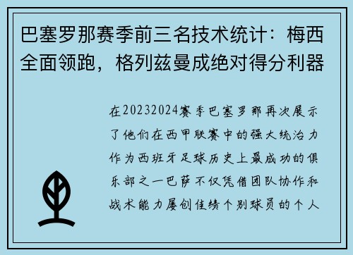 巴塞罗那赛季前三名技术统计：梅西全面领跑，格列兹曼成绝对得分利器